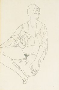 Siddende nøgen kvinde med åben bluse, 1913 af Egon Schiele