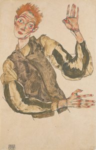 Selvportræt med stribede ærmebeskyttere af Egon Schiele