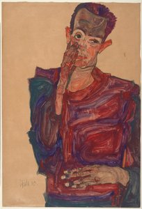 Selvportræt med øjenlåg trukket ned, 1910 af Egon Schiele