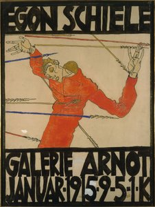 Selvportræt som Saint Sebastian, plakatdesign til am-udstilling i Galerie Arnot, 1914 (gouache, sort farveblyant og blæk på pap)