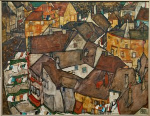 Lille by - Krumau i Tjekkoslovakiet (olie på lærred) af Egon Schiele