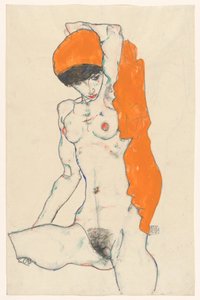 Stehender Akt mit orangefarbenem Tuch (recto): Studie eines Aktes mit erhobenen Armen (verso) af Egon Schiele