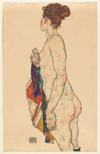 Stående nøgen med en mønstret kappe af Egon Schiele