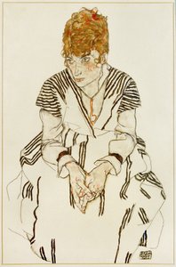 Kunstnerens svigerinde i stribet kjole, siddende af Egon Schiele
