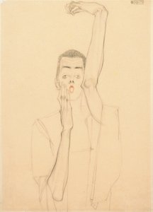 Ung mand med løftet arm og rød mund; Selvportræt med hævet venstre arm og rød mund, 1909 af Egon Schiele