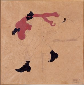 Ung pige med sort bånd i rødt hår, der tager sine sko på, 1909 af Egon Schiele
