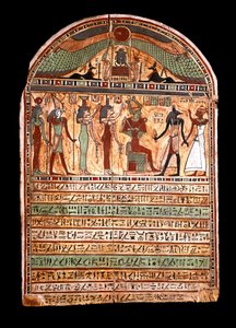 Egyptisk antikvitet: en ypperstepræsts begravelsesstele: Osiris byder den afdøde velkommen i Anubis, bag ham guderne Isis, Nephtis (Nephtys eller Neftis), Horus, Hathor. 3.-2. århundrede f.Kr. turin, egyptisk museum - egyptiske antikviteter: begravelsesste af Egyptian