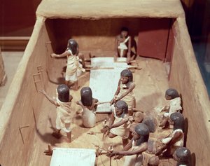 Begravelsesmodel af et tekstilværksted, fra graven i Meketre, Valley of the Nobles, Middle Kingdom, ca. 2000 f.Kr. (malet træ)