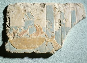 Relief, der viser et angreb af et hundelignende dyr på en fuglerede, fra kong Montuhotep II