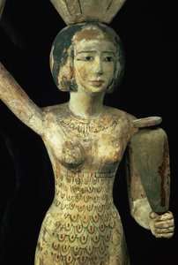 Kvindelig offerbærer med en vandvase i hånden og et kar på hovedet, Egyptisk, Mellemriget, ca. 1950 f.Kr. (stuket og malet figentræ) (detaljer fra 93791)
