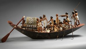 Model sportsbåd fra graven af Meketre, ca. 1981-1975 f.Kr. (pudset og malet træ, linned, hørgarn, kobber) af Egyptian 12th Dynasty