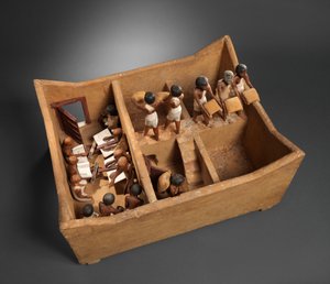 Model af et kornkammer med skriftkloge fra Meketres grav, ca. 1981-1975 f.v.t. (træ, gips, maling, linned, korn)