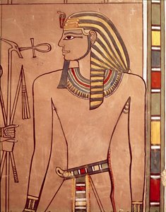 Amenhotep II (ca. 1427-1392 f.Kr.) med en ankh hævet til sine læber fra sarkofagkammeret i hans grav, New Kingdom (malet kalksten) af Egyptian 18th Dynasty