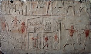 Opstilling af fødevarer i lagerbygninger, vægrelief af kalksten, fra Horemhebs memfitiske grav i Saqqara, Egyptisk civilisation, Det Nye Rige, XVIII. dynasti af Egyptian 18th Dynasty