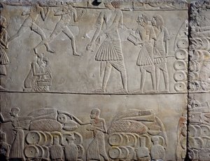 Opstilling af fødevarer i lagerbygninger, vægrelief af kalksten, fra Horemhebs memfitiske grav i Saqqara, Egyptisk civilisation, Det Nye Rige, XVIII. dynasti af Egyptian 18th Dynasty