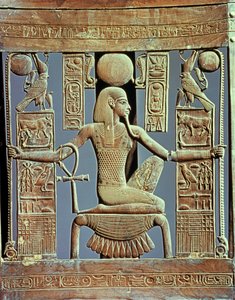 Ryglæn af en stol fra Tutankhamons grav (ca. 1370-52 f.Kr.), der skildrer ånden fra millioner af år, New Kingdom (cedertræ) (se også 227983)