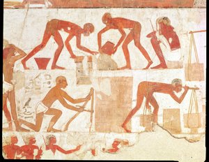 Konstruktion af en mur fra Rekhmires grav, vesir af Tuthmosis III og Amenhotep II, New Kingdom (vægmaleri) (se 202228 for detaljer) af Egyptian 18th Dynasty