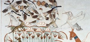 Ænder, reder, sommerfugle, katte og gnavere, detaljer fra scenen for jagt og fiskeri i marsken, fresco, nordvæg, langsgående kammer, Theban Tomb TT69, Sheikh Abd el-Qurna, Theben. Egyptisk civilisation, New Kingdom, Dynasti XVIII. af Egyptian 18th Dynasty