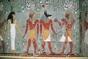 Egypten, Luxor, Kongernes Dal, Horemhebs grav, vægmaleri af Egyptian 18th Dynasty