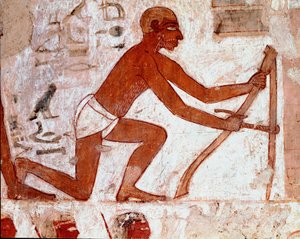 Egyptisk kunst: Rekhmires grav. Ploucher arbejde med sit landbrugsredskab. Fresko af Luxor (Thebens sted, Sheikh Abd al-Gournahs nekropolis (Gournah), Nilens venstre bred, Egypten. - Det gamle Egypten: Rekhmires grav. En plovmands arbejde med sin agri af Egyptian 18th Dynasty