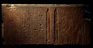 Egyptisk antikvitet: detalje af en indgraveret freskomaleri, der forestiller dronning Hatshepsut (til venstre) og to obelisker ved Amons tempel - år 15 af hendes regeringstid (1475-1468 f.Kr.) 18. dynasti - Luxor, Egyptisk kunstmuseum af Egyptian 18th Dynasty