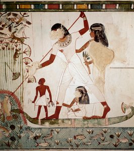 Egyptisk antikvitet: "" fiskescene"" Den ædle Menna skildrer på en båd med sin kone, der harponerer en fisk. Fresko fra Mennas grav (TT69) fra de adeliges gravområde i Gournah. Sheikh Abd al-Gournah (el Gournah), Luxor Egypten af Egyptian 18th Dynasty