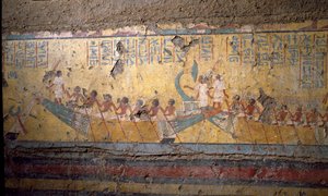 Ægyptisk antikvitet: fresko af maleren Maias grav, pilgrimsfærd med båd i Abydos, citat af Osiris. 18. dynasti. Fra kapellet i Maia, Deir el-Medineh (el Medineh), New Empire Dim. 67 cm Torino, Egyptisk Museum af Egyptian 18th Dynasty