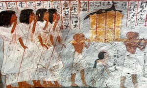 Egyptian antiquite: procession with bearers of canopy vessels used to collect the deceased "s viscera. Painting of the Tomb of Roydani af Egyptian 18th Dynasty