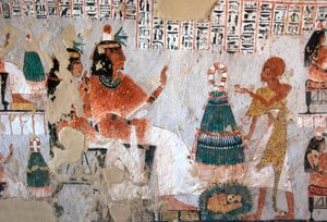 Egyptisk antikvitet: repræsentation af Roy og hans kone Nebtawy over for en ypperstepræst. Maleri af Roys grav (TT255). 18. dynasti. Fra Vestbredden af Luxor, Egypten af Egyptian 18th Dynasty