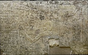 Egyptisk antikvit: fremstilling af bærere af offergaver. Lavt relief fra Vizir Ramoses grav (18. dynasti). Luxor, Theben, de adeliges dal Egypten af Egyptian 18th Dynasty