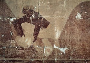Udveksling af mad, detalje af scene, der skildrer ekspeditionen til landet Punt, malet relief, Kolonnade i Punt, Hatshepsuts gravtempel, Deir el-Bahari, thebansk nekropolis, Egyptisk civilisation, Det Nye Rige, XVIII. dynasti af Egyptian 18th Dynasty