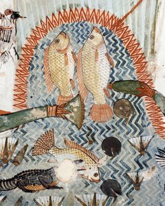 Fisk, detaljer fra scenen for jagt og fiskeri i marsken, fresko, nordvæg, langsgående kammer, Theban Tomb TT69, Sheikh Abd el-Qurna, Theben (Unescos verdensarvsliste af Egyptian 18th Dynasty