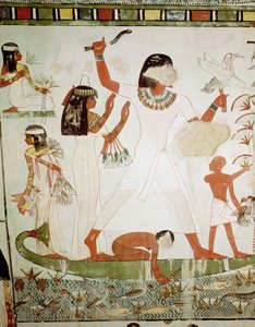 Fiskeri og fuglefangst i marsken, detaljer fra gravkapellet i Menna, New Kingdom (vægmaleri)