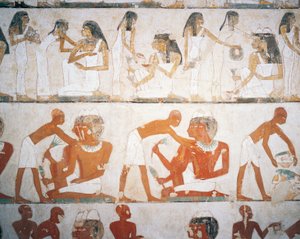 Begravelsesfest, mænd og kvinder tager smykker på, fresko, Rekhmires grav (TT100), Sheikh Abd el-Qurna, Theben (Unescos verdensarvsliste) af Egyptian 18th Dynasty