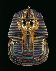 Tutankhamons gyldne begravelsesmaske (1347/1338 f.v.t.) indlagt med lapis lazuli, obsidian og turkis af Egyptian 18th Dynasty