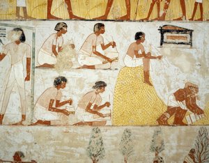 Høst afgrøde, tærskning og vindning af korn, detaljer fra fresker i forhallen af Mennas grav, Sheikh Abd el Qurnah Necropolis, Luxor, Theben (Unescos verdensarvsliste af Egyptian 18th Dynasty