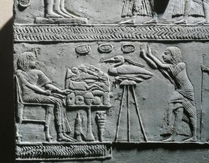 Horemheb spiser begravelsesmåltid, relief fra Horemhebs grav i Saqqara af Egyptian 18th Dynasty