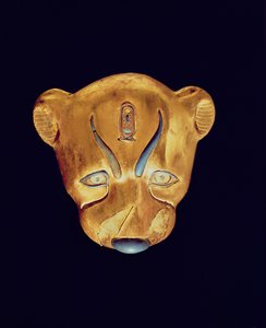 Leopardhoved, fra Tutankhamons grav, New Kingdom (træ dækket med gesso overlejret med guld)