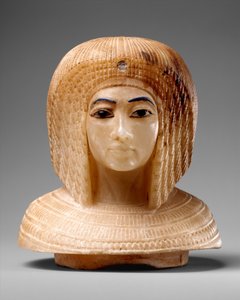 Låg i form af et kongeligt kvindehoved, ca. 1349–36 f.v.t. (travertin, blåt glas, obsidian) af Egyptian 18th Dynasty