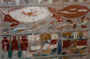 Bemalet basrelief, dronning Hatshepsuts gravtempel, Djeser-Djeseru (det allerhelligste), Deir el-Bahri, Luxor, Theben (Unescos verdensarvsliste) af Egyptian 18th Dynasty