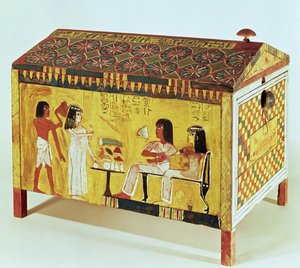 Malet kiste med en banketscene fra Khas grav (d.c.1390-52 f.Kr.) fundet i Deir el-Medina, New Kingdom (træ)
