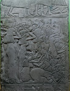 Bemalet kalkstensrelief, der skildrer begravelsessorg over farao, fra kong Horemhebs grav af Egyptian 18th Dynasty