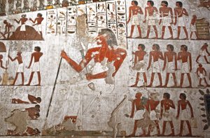 Maleri, der dekorerer Rekhmires grav, repræsenteret omgivet af hans tjenere (fresko) af Egyptian 18th Dynasty