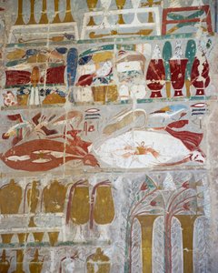 Proviant og keramik ofret til guderne af dronning Hatshepsut, malet relief, Anubis-kapellet, dronning Hatshepsuts gravtempel, også kendt som Djeser-Djeseru, Deir el-Bahri, Theben. Egyptisk civilisation, Det Nye Rige, Dynasti XVIII af Egyptian 18th Dynasty