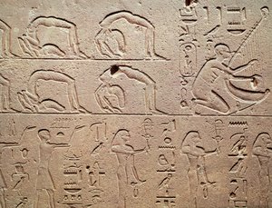 Relief, der forestiller akrobater og en harpist, fra Karnak, New Kingdom