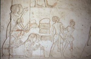 Relief med skriftkloge i arbejde, fra Horemhebs grav (ca. 1323-1295 f.Kr.) Det Nye Rige (vægmaleri) (se 218337 for detaljer)