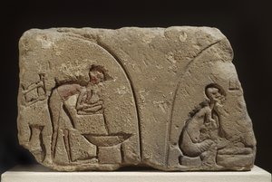 Sandstensrelief ved tilberedning af et måltid (sandsten)