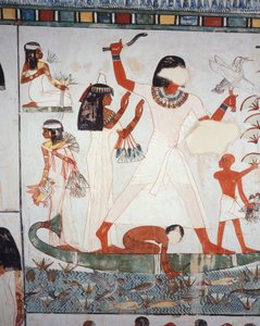 Scene med jagt og fiskeri i marsken, fresco, nordvæg, langsgående kammer, Theban Tomb TT69, Sheikh Abd el-Qurna, Theben (Unescos verdensarvsliste af Egyptian 18th Dynasty