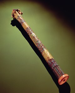 Skriftskriverkasse til at skrive siv, fra Tutankhamons grav (ca. 1370-1352 f.Kr.) New Kingdom (forgyldt træ indlagt med halvædelsten) (se også 149435)