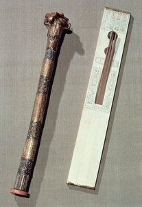 Skriftskriverpalet og et etui til at skrive siv, fra Tutankhamons grav (ca. 1370-52 f.Kr.) New Kingdom (se også 228566)